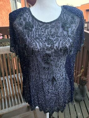 90s Like New Beaded Sheer Vintage Navy Blue Blouse